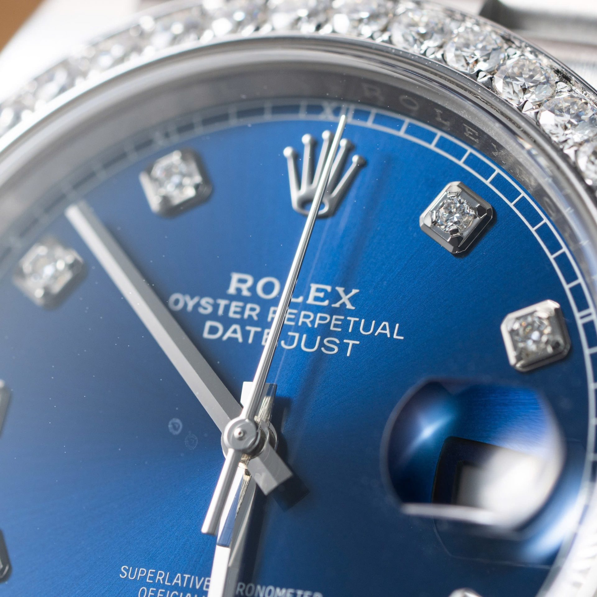 Rolex Replica Watch DateJust Blue Dial With Moissanite Diamond Bezel Factory Clean 41mm