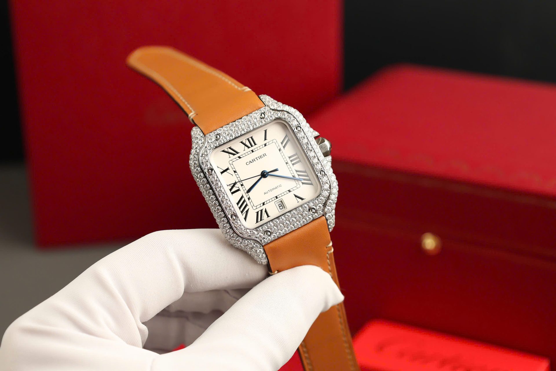 Cartier Santos White Dial Copies Watches Custom Diamonds Moissanite BVF 39.8mm