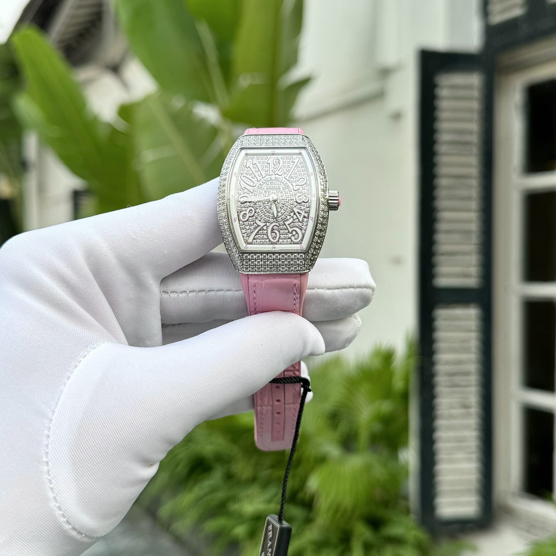 Franck Muller Replica 1:1 Watch V32 With Full Diamonds Pink Rubber Strap ABF Factory 32x40mm