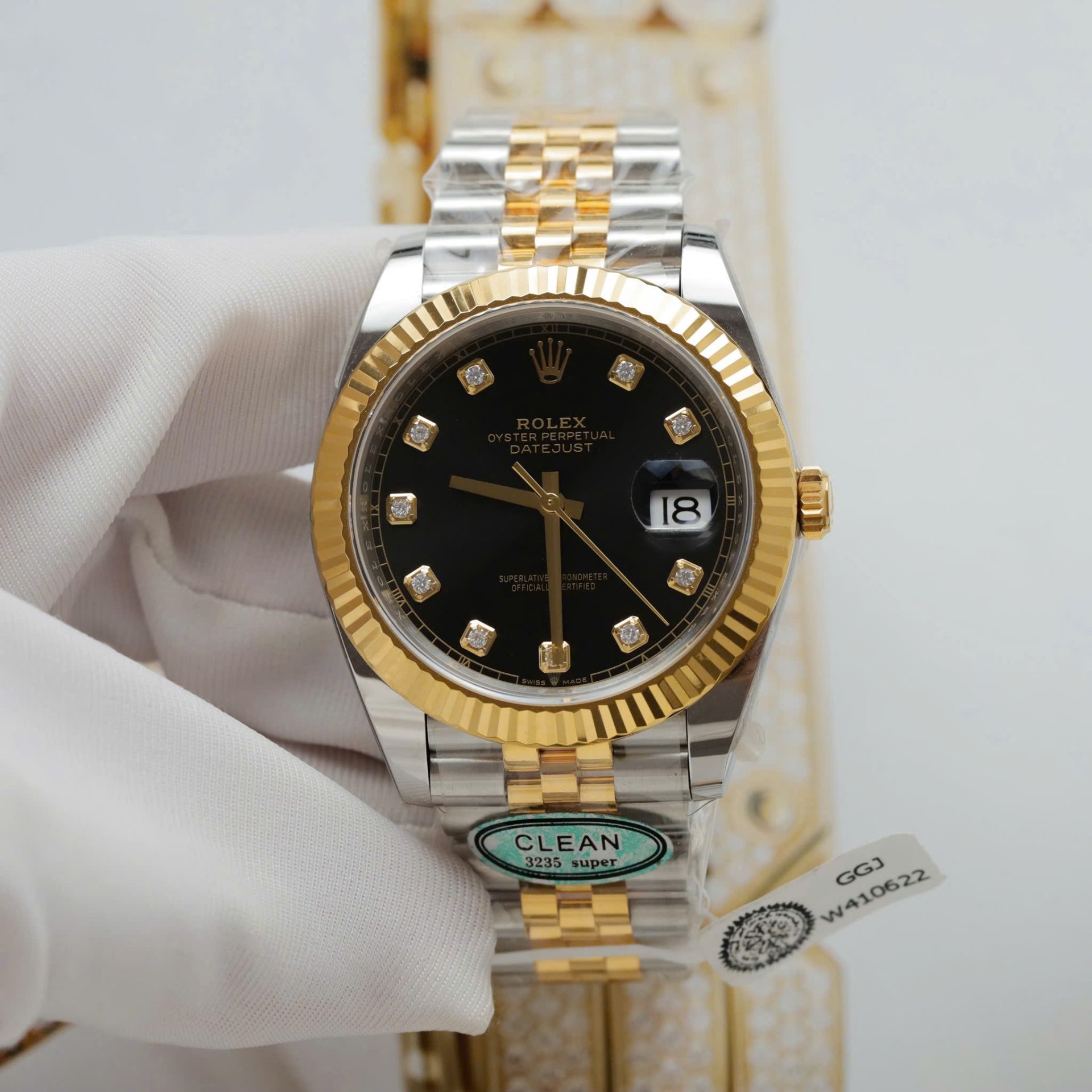 Rolex DateJust Replica Watches Black Dial Moissanite Diamonds Clean Factory 41mm