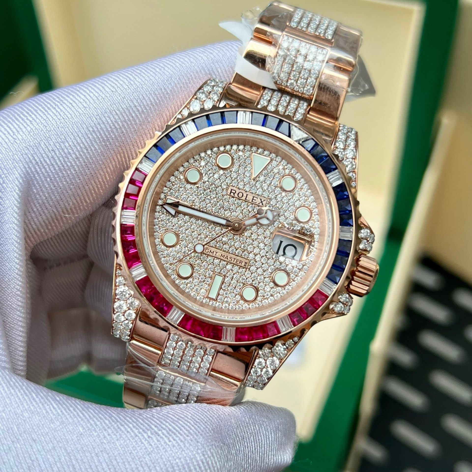 Rolex Replica 11 Watch GMT Master II Gold Wrapped Moissanite Diamond Sapphire 40mm