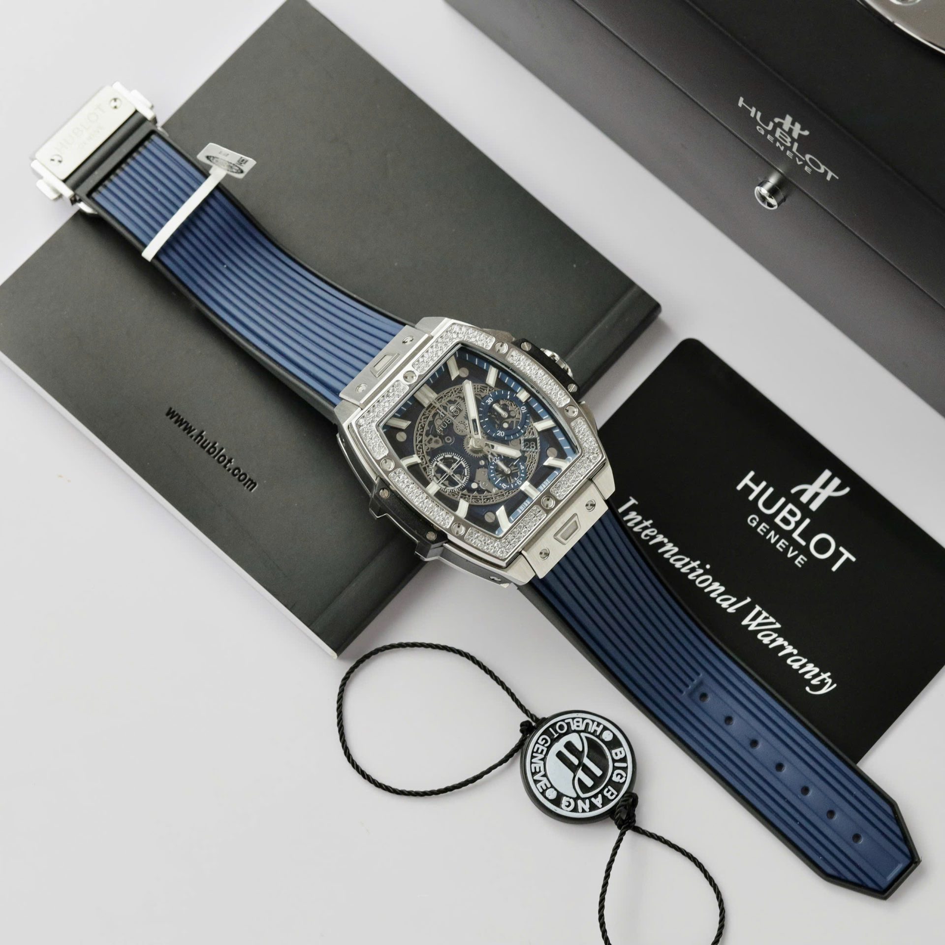 Hublot Spirit Of Big Bang Titanium Dial Blue Custom Moissanite Diamonds Hong Kong 42mm