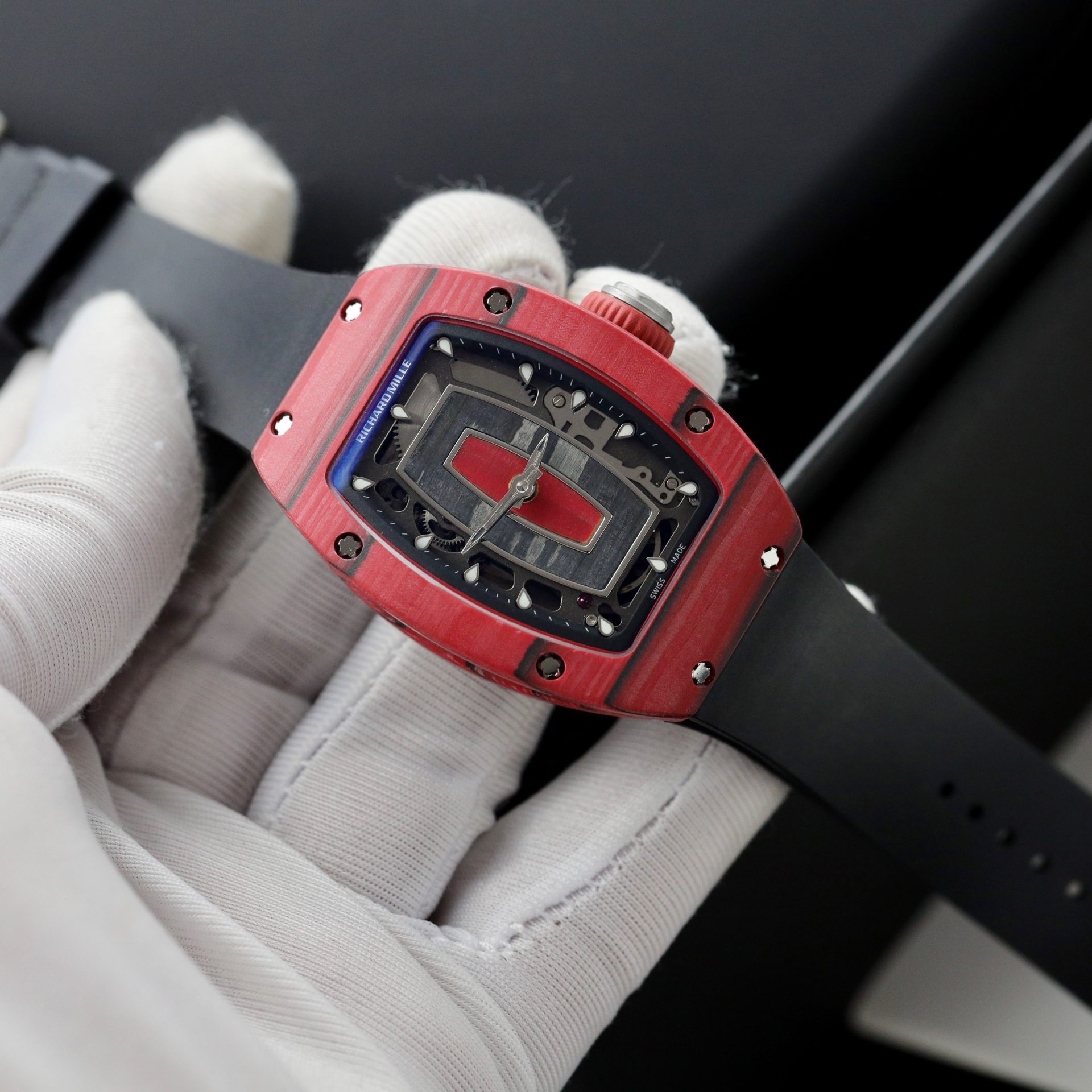 Richard Mille Rep 1:1 Watch RM07 Carbon Red Black Rubber Strap 36mm