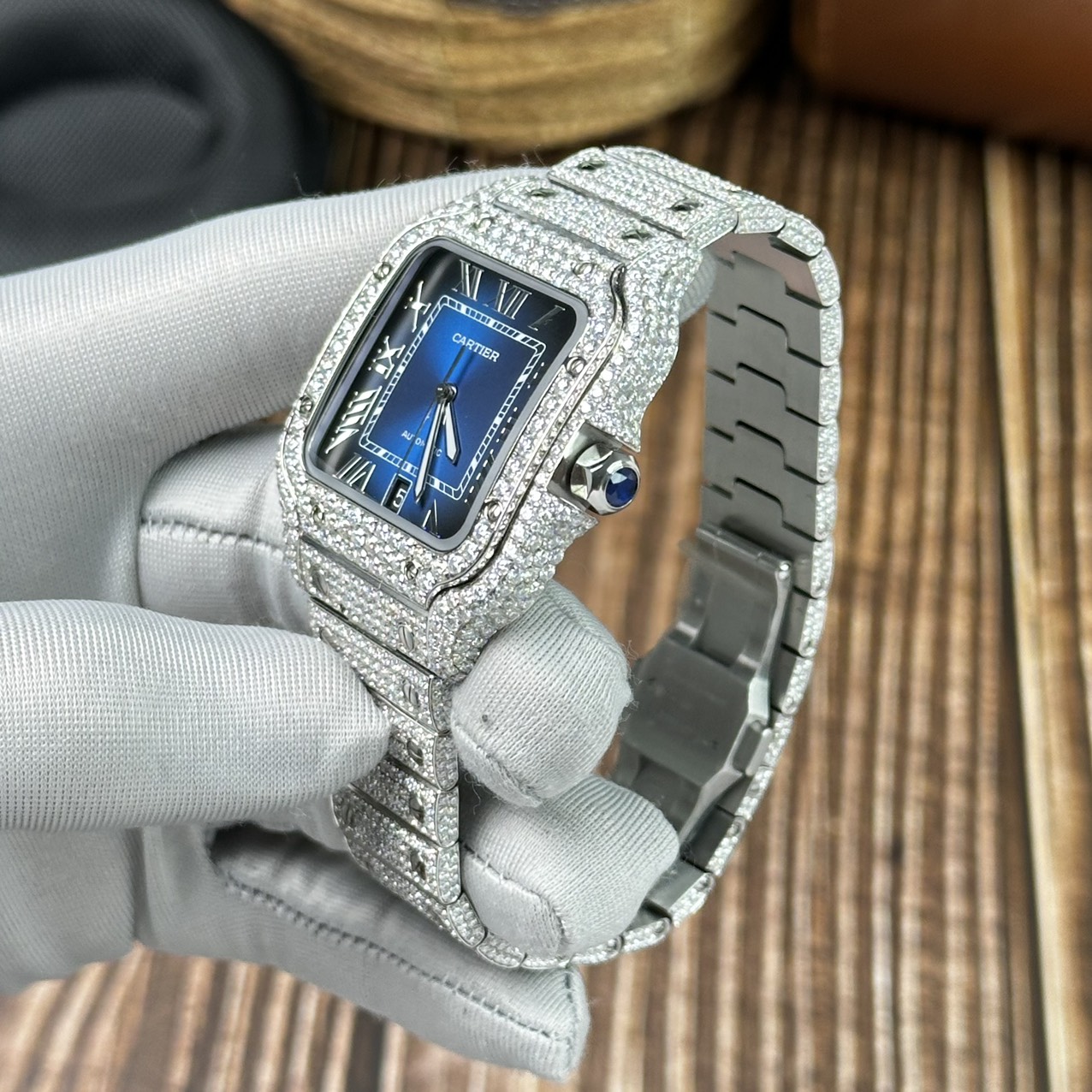 Cartier Replica Watch Santos Full Diamond Moissanite Blue Dial 39.8mm