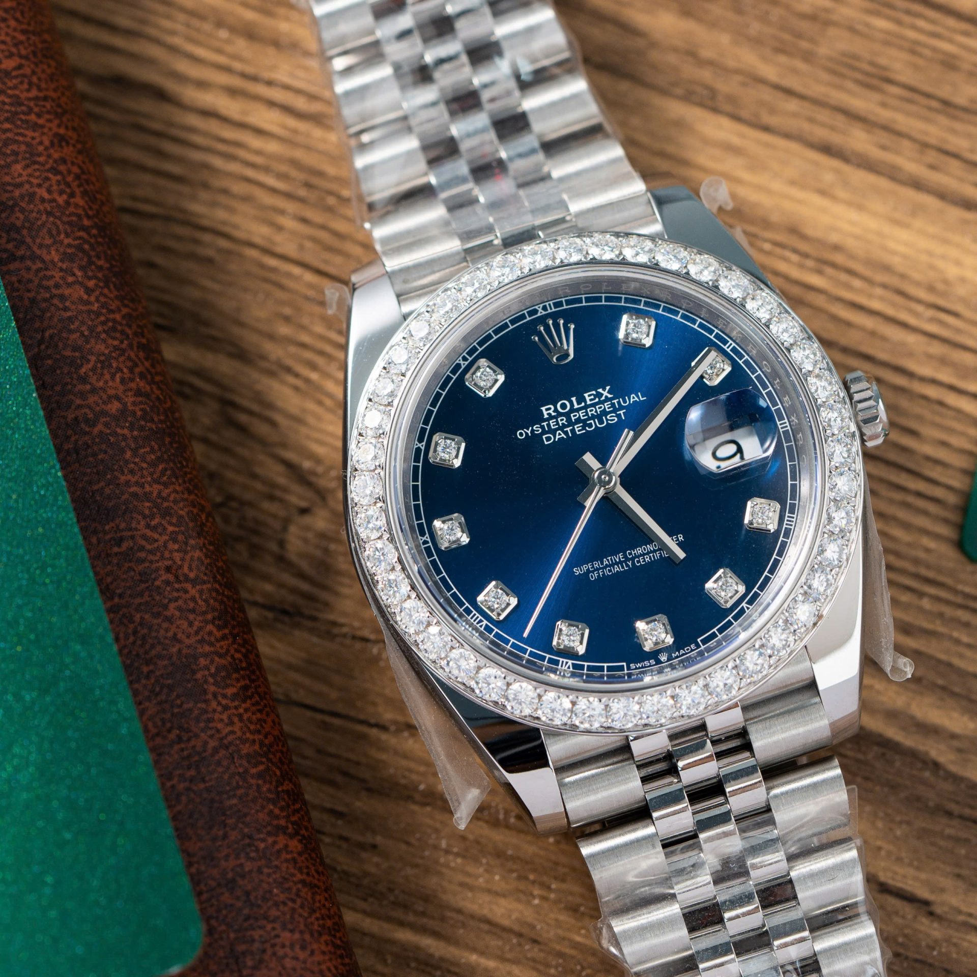 Rolex Replica Watch DateJust Blue Dial With Moissanite Diamond Bezel Factory Clean 41mm