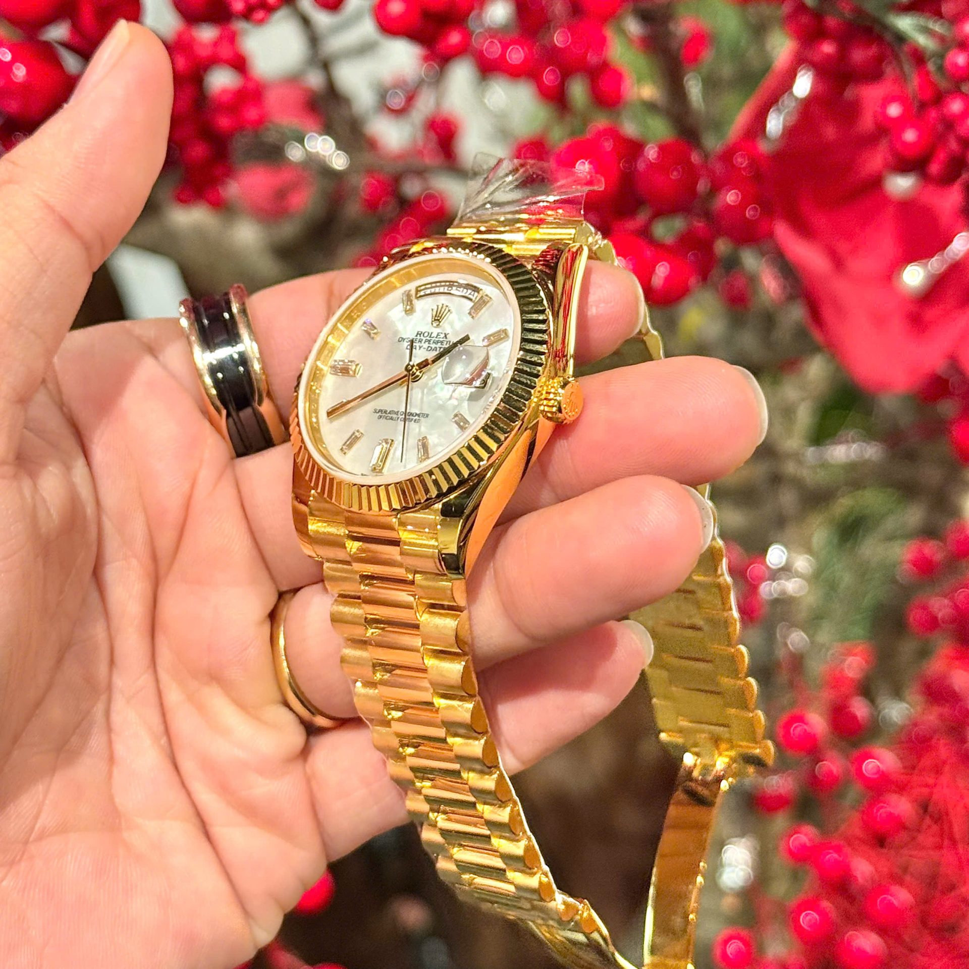 Rolex Refined Mother Of Pearl   Moissanite Diamonds Dial 18K Gold Wrapped GMF 40mm