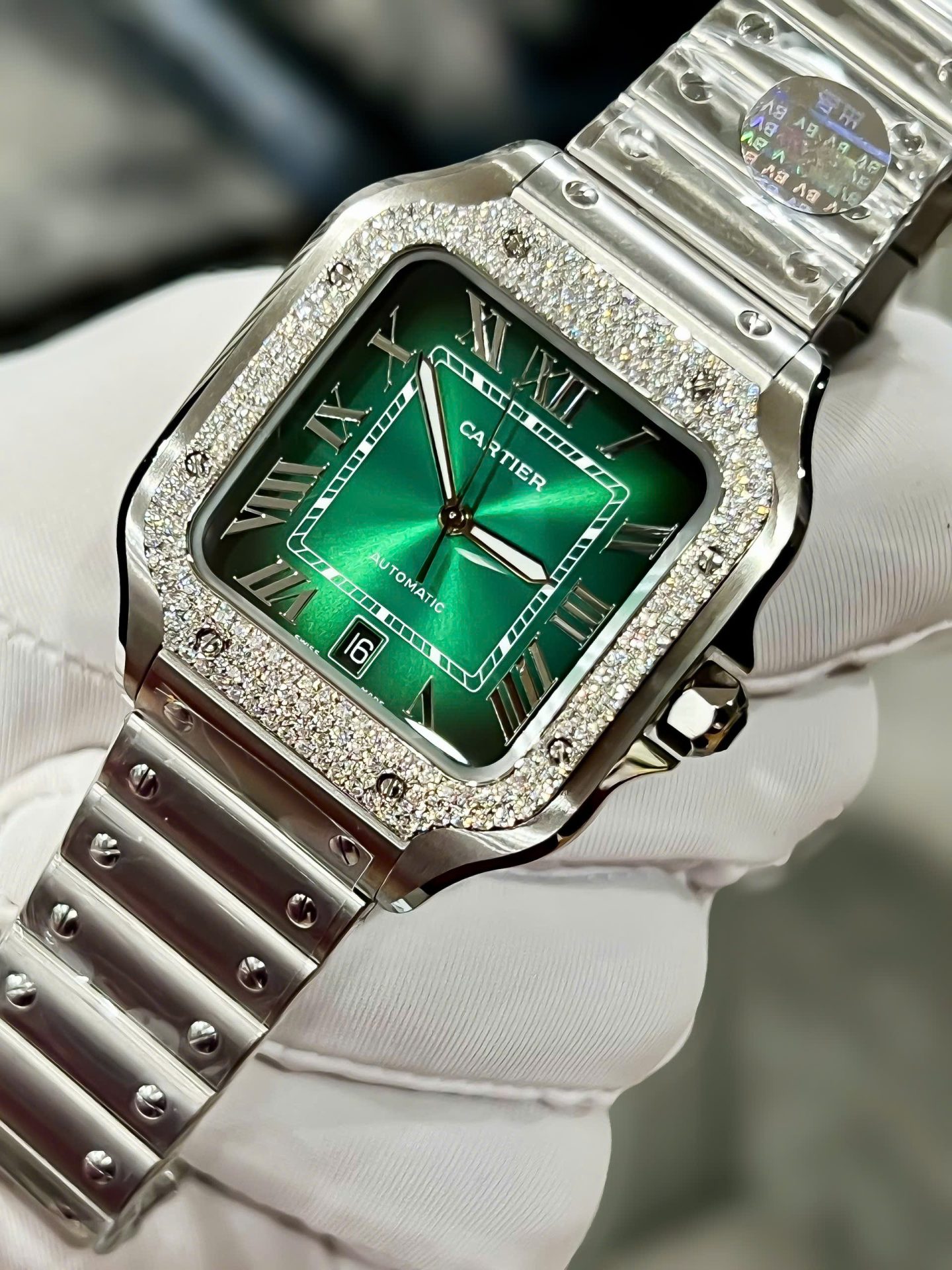 Cartier Santos Replica Watch Custom Moissanite Diamonds Dial Green BV Factory 39.8mm
