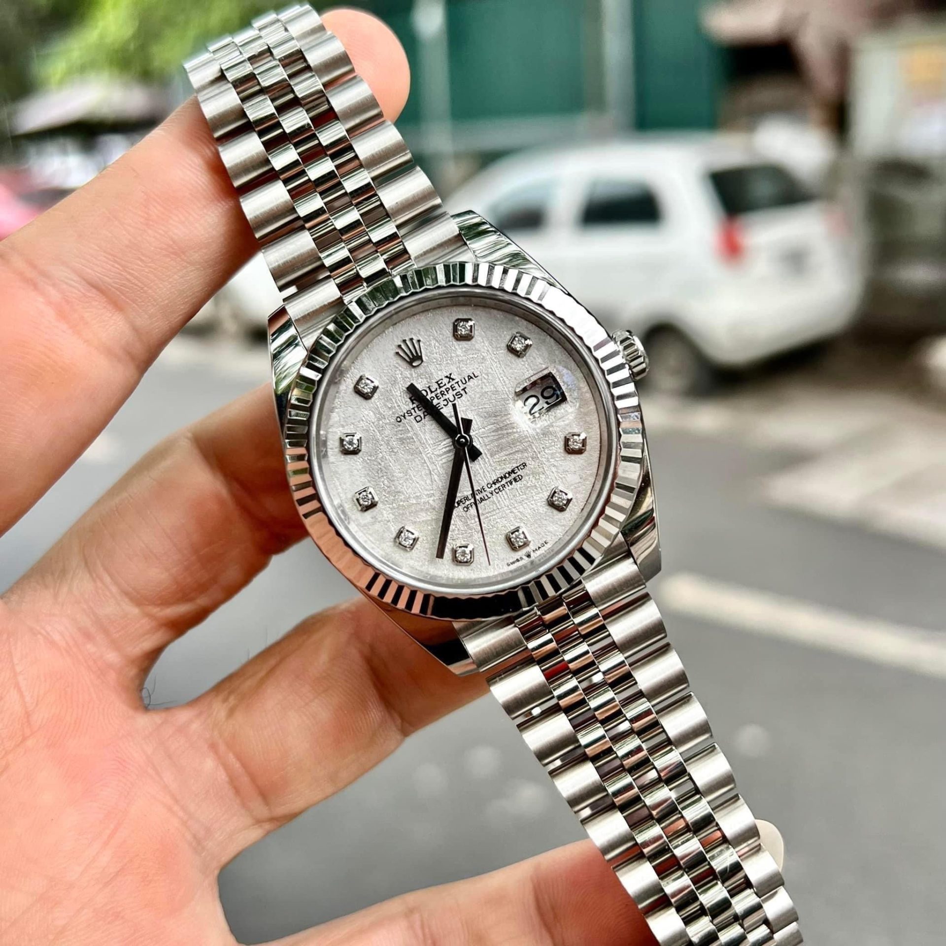 Rolex DateJust Replica Watch Meteorite Dial Moissanite Diamonds Clean Factory 41mm