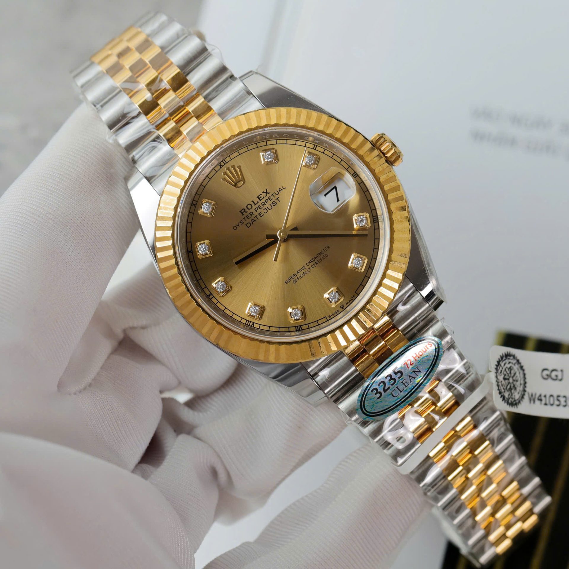 Rolex DateJust Copies Watches Yellow Champagne Dial Moissanite Diamonds Clean Factory 41mm