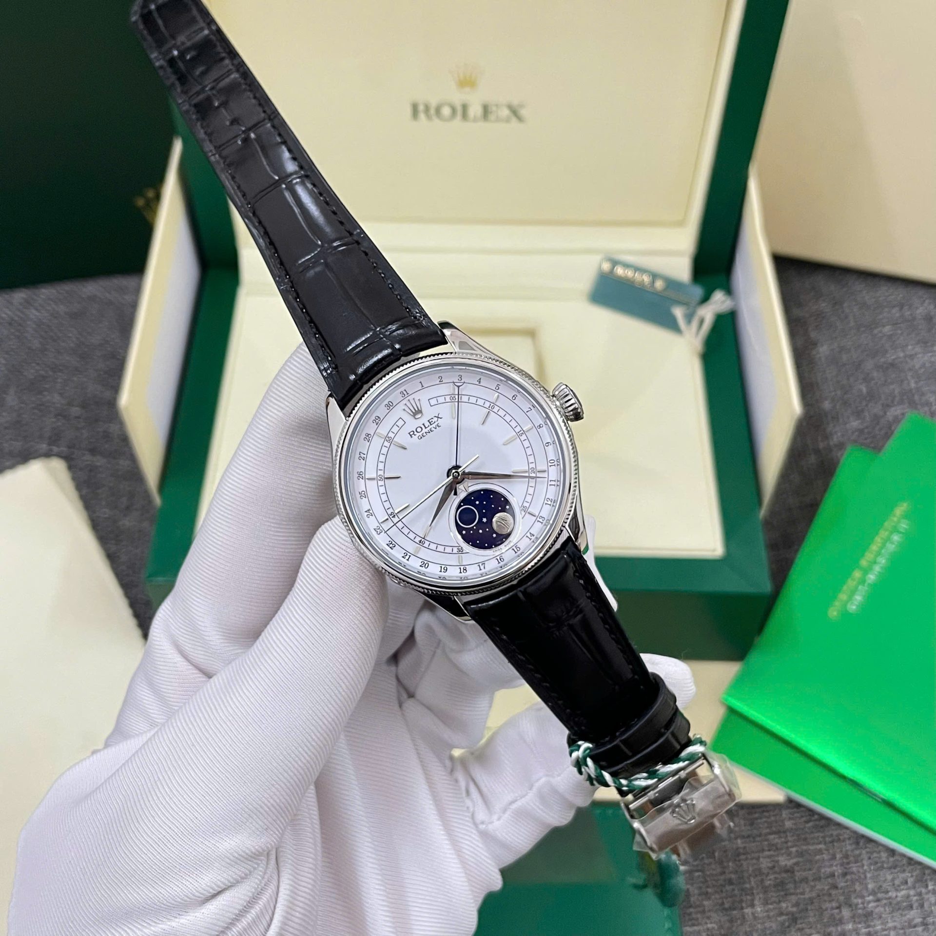 Rolex High End Watch Replicas Cellini Moonphase White Dial Leather Strap 39mm