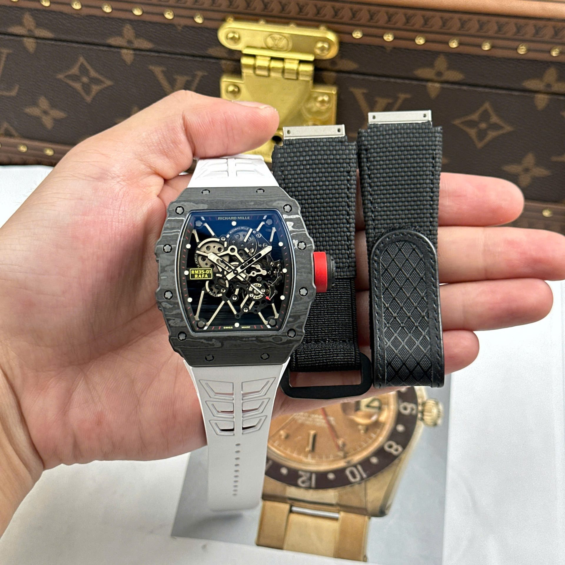 Richard Mille RM35-01 Rafael Nadal Carbon NTPT Best Copies Watches White Rubber Strap ZF Factory 49,9x43mm