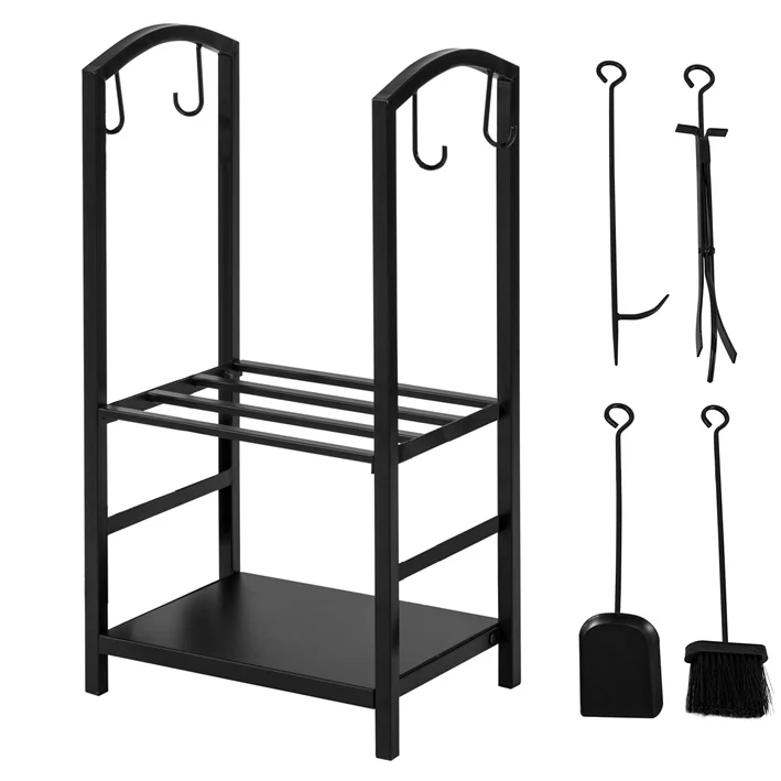 Cordoco | Kaminholzregal mit 4-teilig Kaminbesteck | Brennholzregal | Kaminholzständer | SDA01-SCH