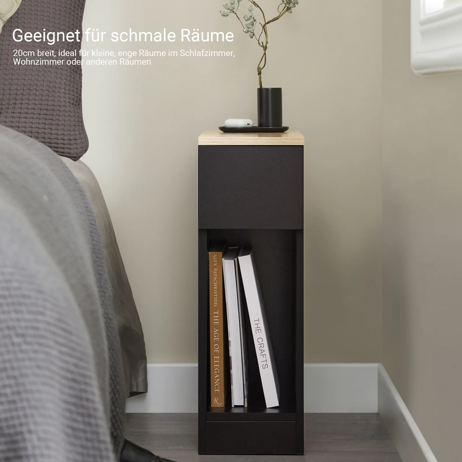 Cordoco Nachttisch schmal Beistelltisch mit Schublade Schwarz 20x60x35cm FBT111-SCH