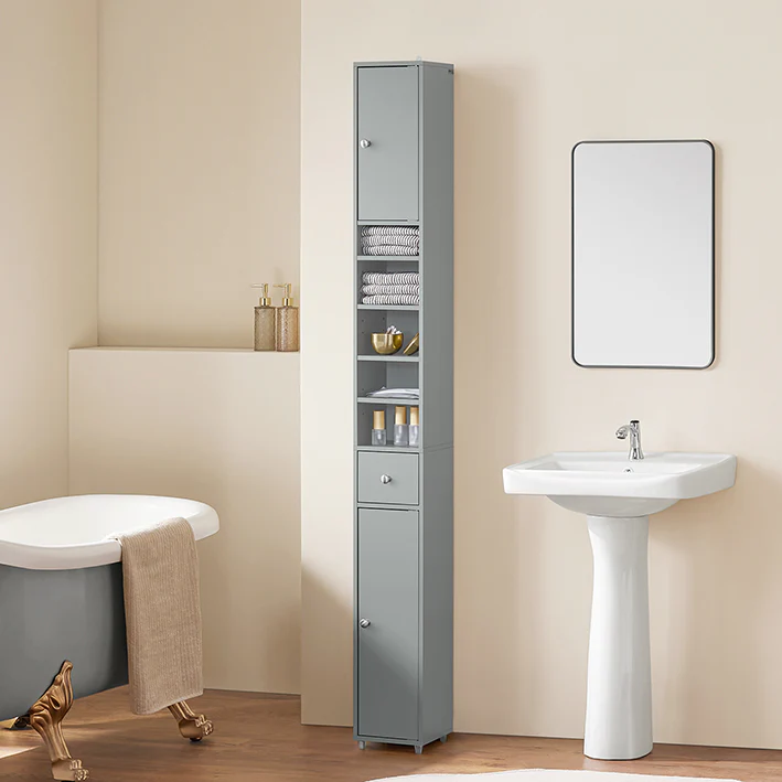 Cordoco Bad Hochschrank mit Verstellbare Ablagen schmal Hellgrau 20x180x20cm BZR34-HG
