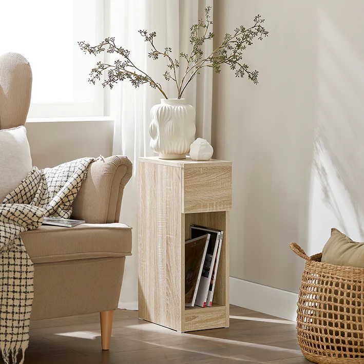 Cordoco Nachttisch schmal Beistelltisch mit Schublade Natur 20x60x35cm FBT111-N