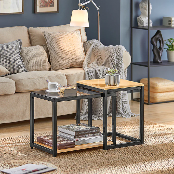 Cordoco | 2-tlg. Satztisch Set | Couchtisch mit Glas | Beistelltisch Set | FBT35-SCH