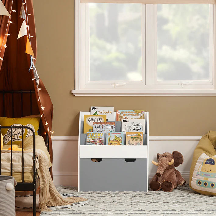 Cordoco | Kinderbücherregal | Spielzeugtruhe | Aufbewahrungsregal Kinderzimmer | Weiß/Grau| KMB17-HG