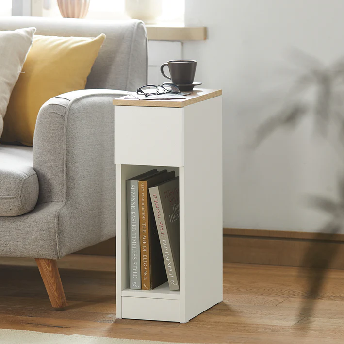 Cordoco Nachttisch schmal Beistelltisch mit Schublade Weiß 20x60x35cm FBT111-WN