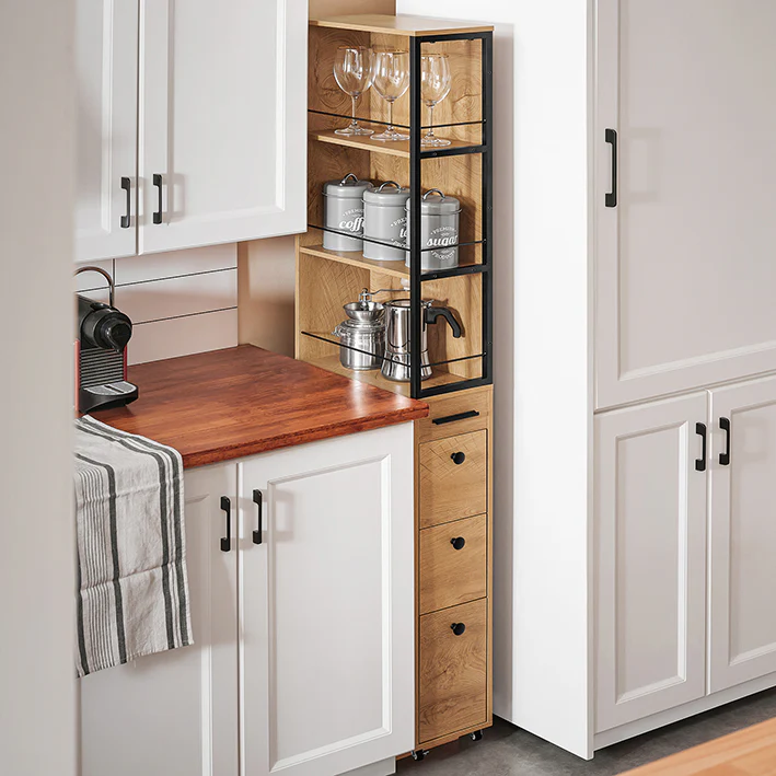 Cordoco | Nischenregal mit 3 Schubladen | Küchenregal mit Rollen | Nischenwagen | schmales Regal | NSR13-N