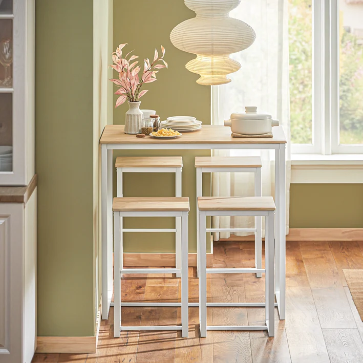 Cordoco | Bartisch mit 4 Hockern | Bartisch set | Stehtisch | 5-teilig | weiß-natur | OGT15-WN