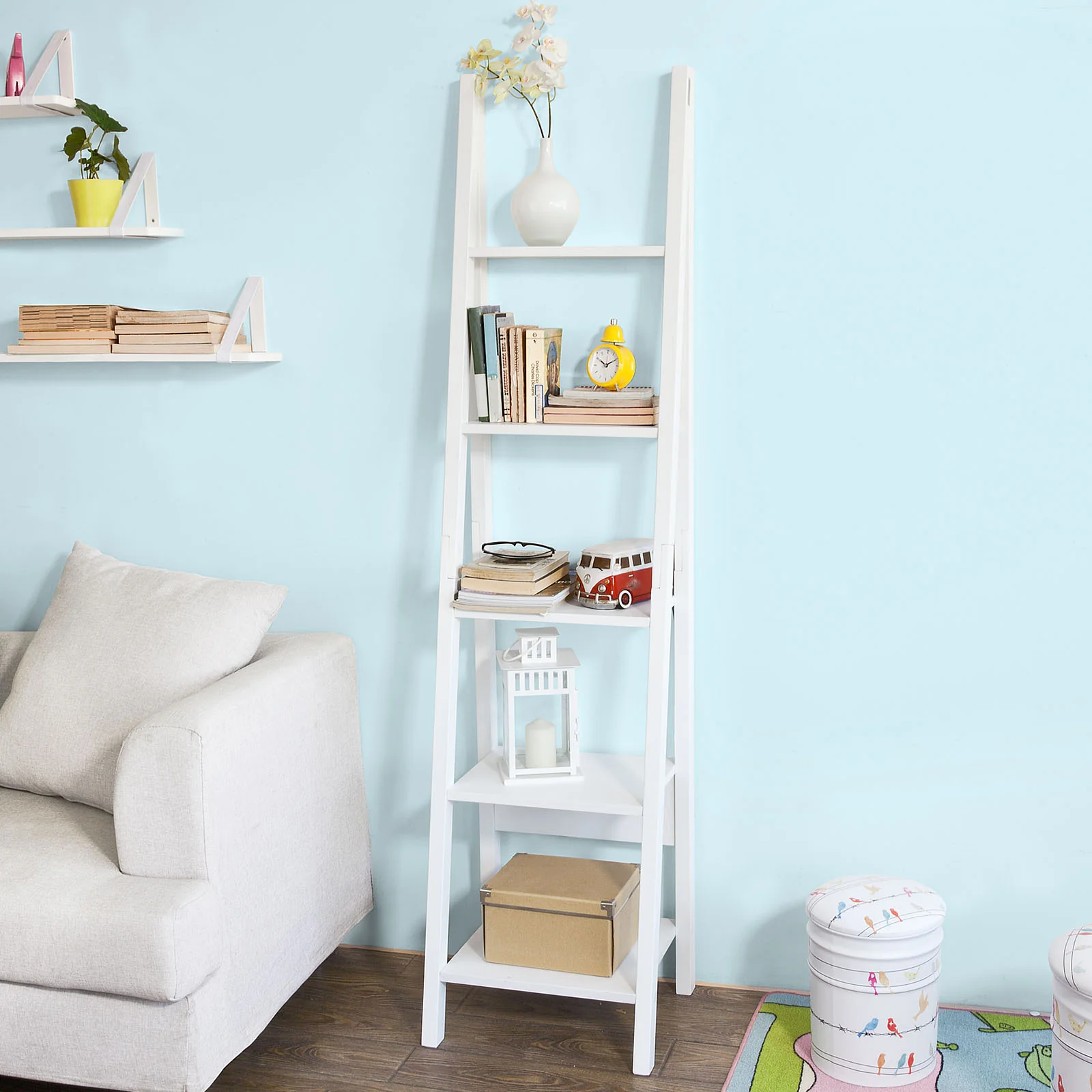 Cordoco Leiterregal Weiß Bücherregal Standregal Holz FRG101-W