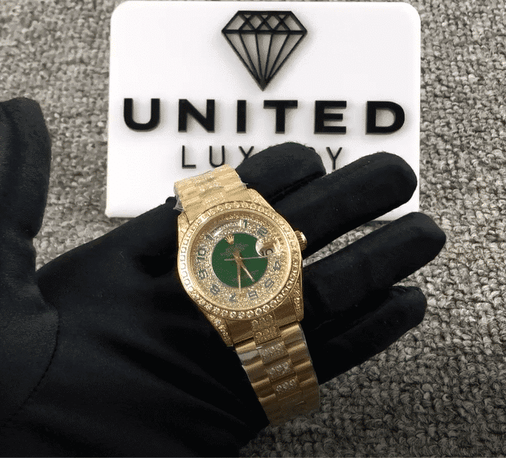 Rolex Datejust Yellow Gold Green Dial Iced out 118348 Replica 36MM