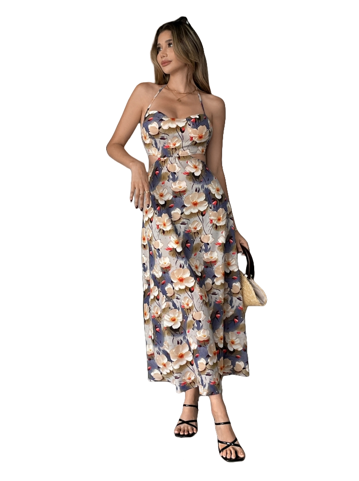 Colorful Floral Cut - out Dress