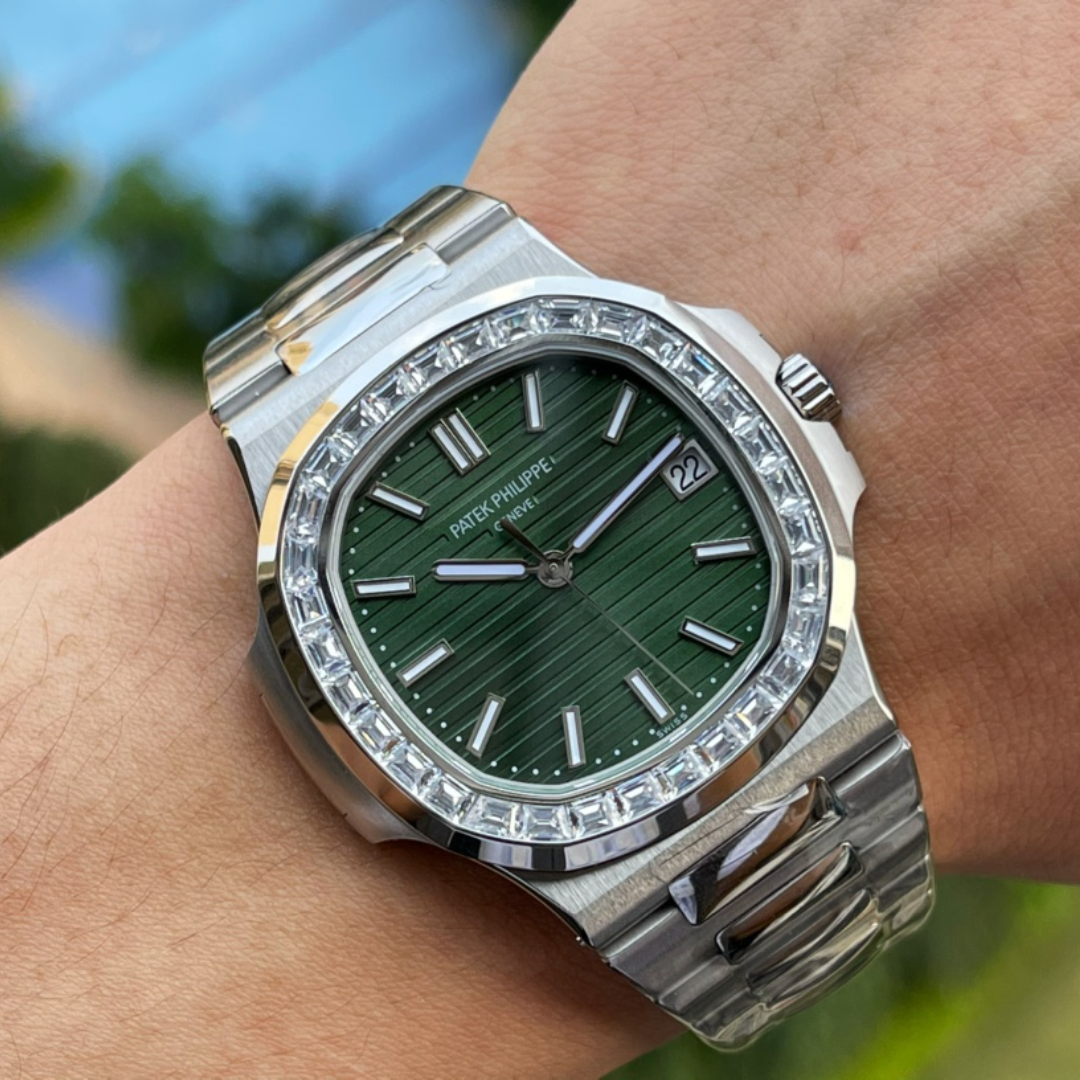 Patek Philippe Nautilus Steel Olive Green Dial Baguette Diamond Bezel 5711/1300A
