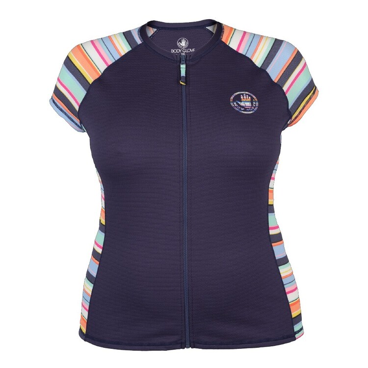 Body Glove Women's Stripe Full Zip Cap Sleeve Rash Vest Navy & Print