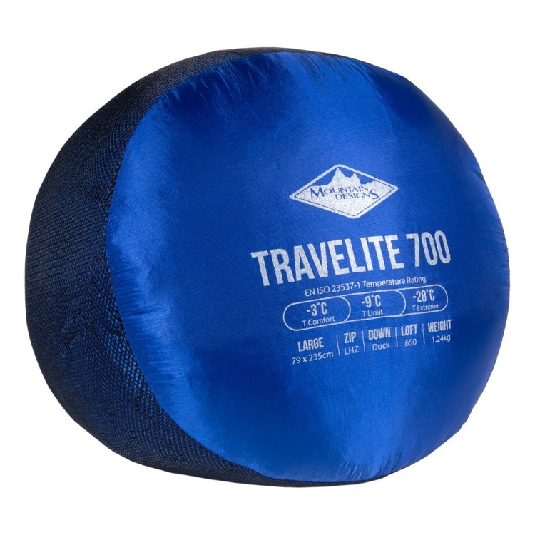 Mountain Designs Travelite 700 Large -3° Sleeping Bag Blue LHZ Surf The Web