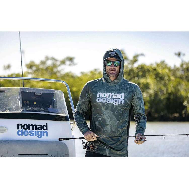 Nomad Design Khaki Camo Splice Hooded Tech Fishing Shirt Green