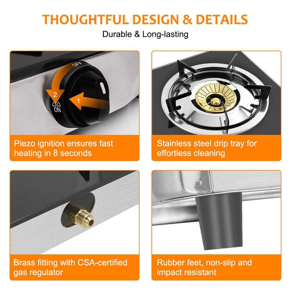 Tragbarer Campingkocher mit 3 Brennern – 21.600 BTU, Sicherheitsglas