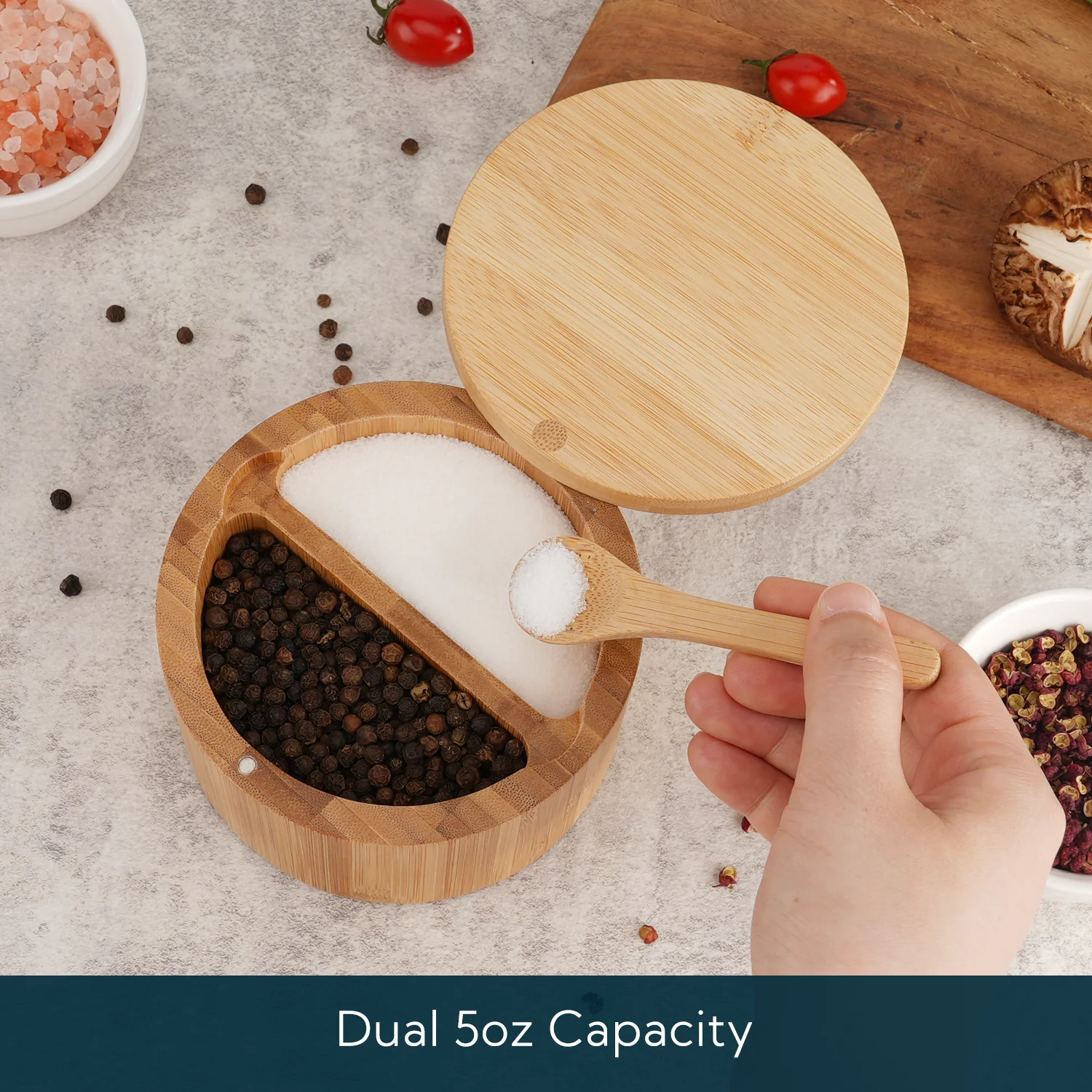 KITCHENDAO Bamboo Salt and Pepper Bowl Box Cellar, Built-in Spoon, Two Compartments Spice Seasoning Container,Sea Salt Cellar Holder,Magnetic Swivel Lid,Dual 5oz Capacity