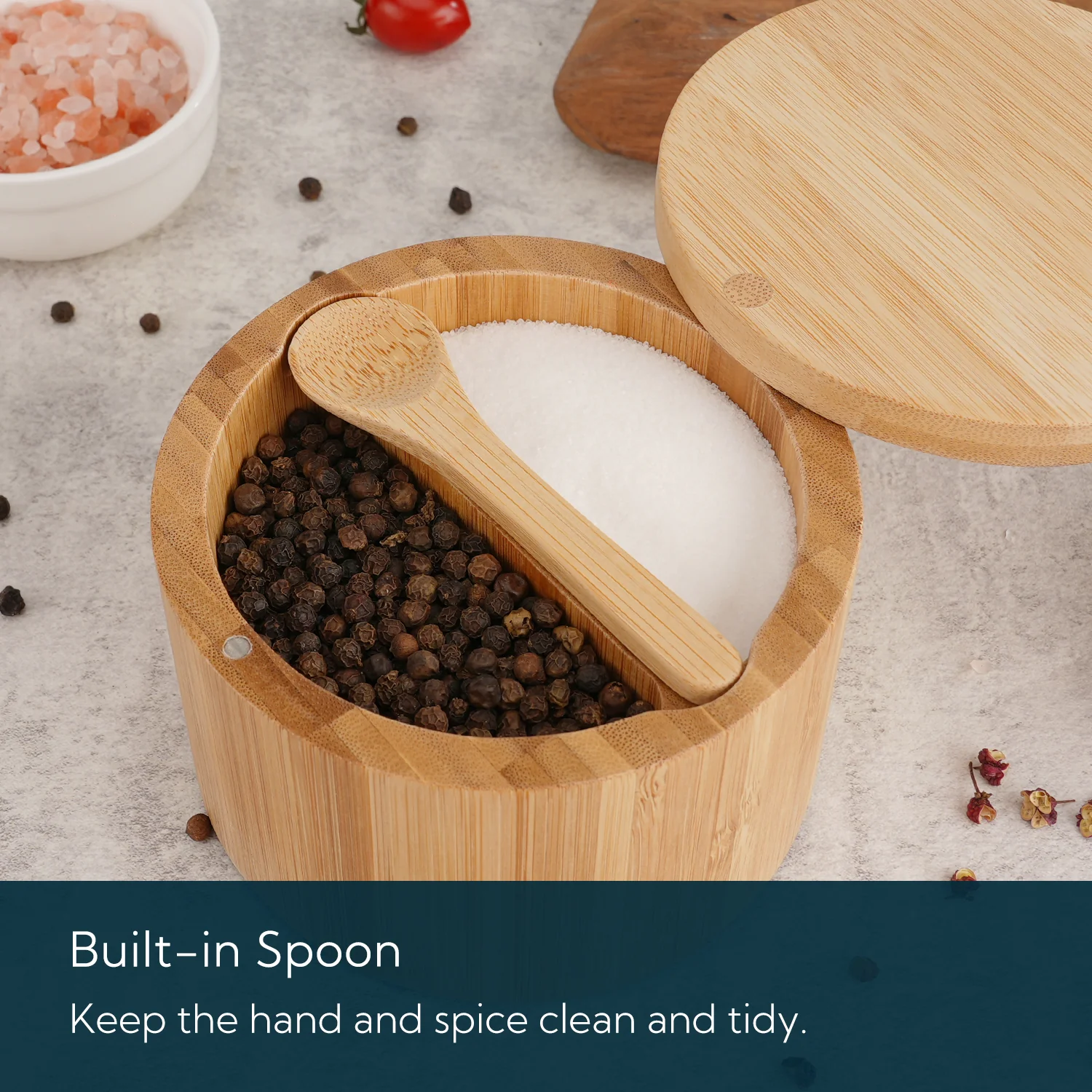 KITCHENDAO Bamboo Salt and Pepper Bowl Box Cellar, Built-in Spoon, Two Compartments Spice Seasoning Container,Sea Salt Cellar Holder,Magnetic Swivel Lid,Dual 5oz Capacity