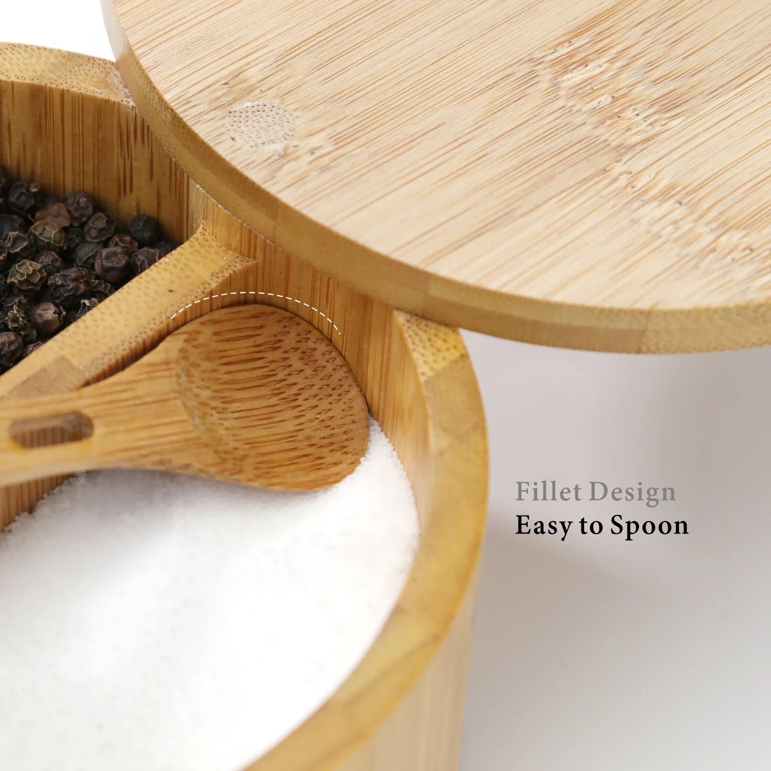 Built-in Serving Spoon Bamboo Salt And Pepper Box With Magnetic Swivel Lid