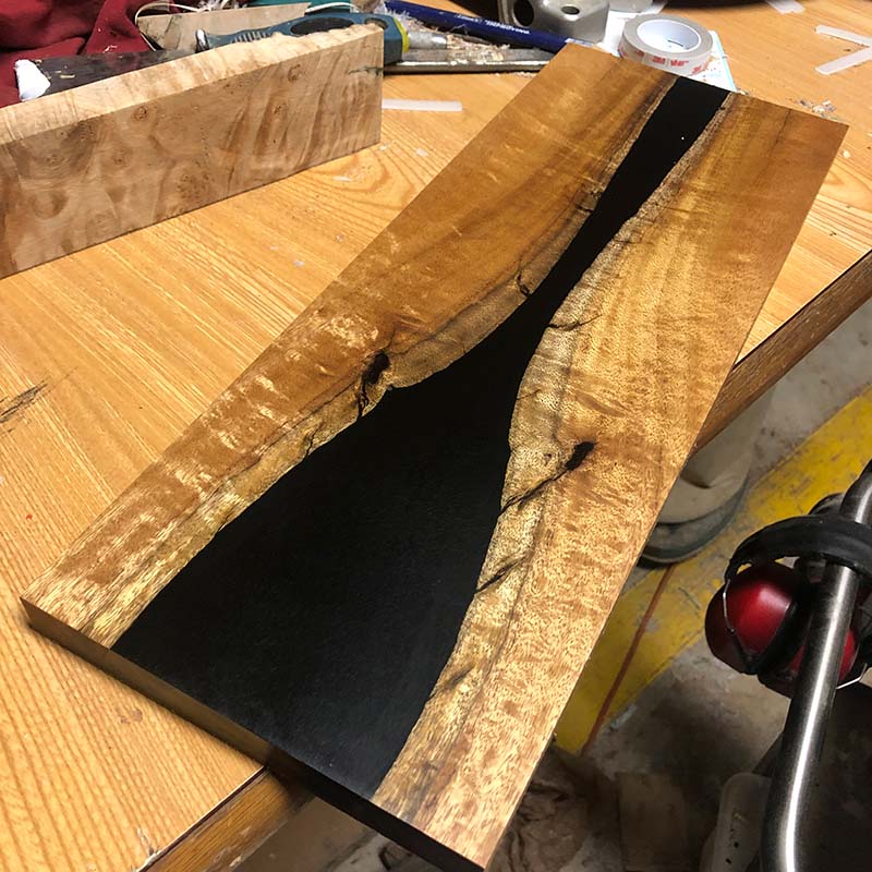 Salvaged Acacia and Black Epoxy River Knife Holder