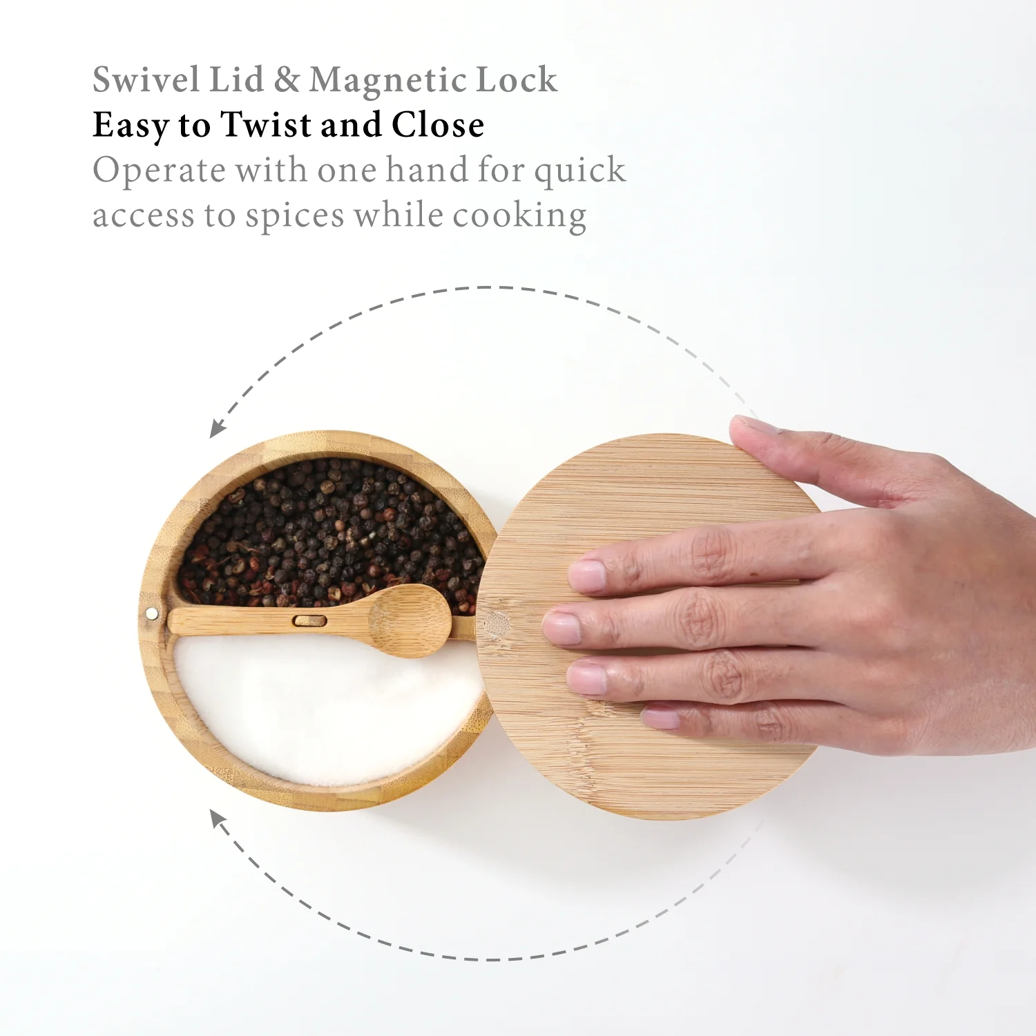Built-in Serving Spoon Bamboo Salt And Pepper Box With Magnetic Swivel Lid