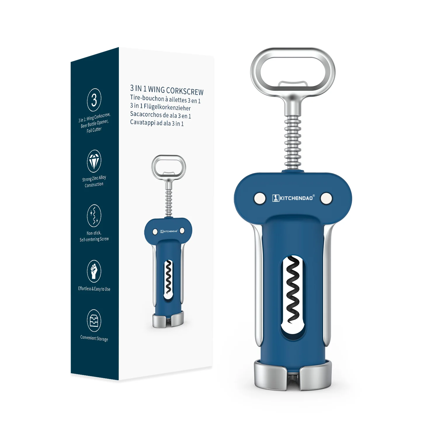 3 in 1 Wine Bottle Opener, Wing Corkscrew with Foil Cutter, Built-in Beer Bottle Opener