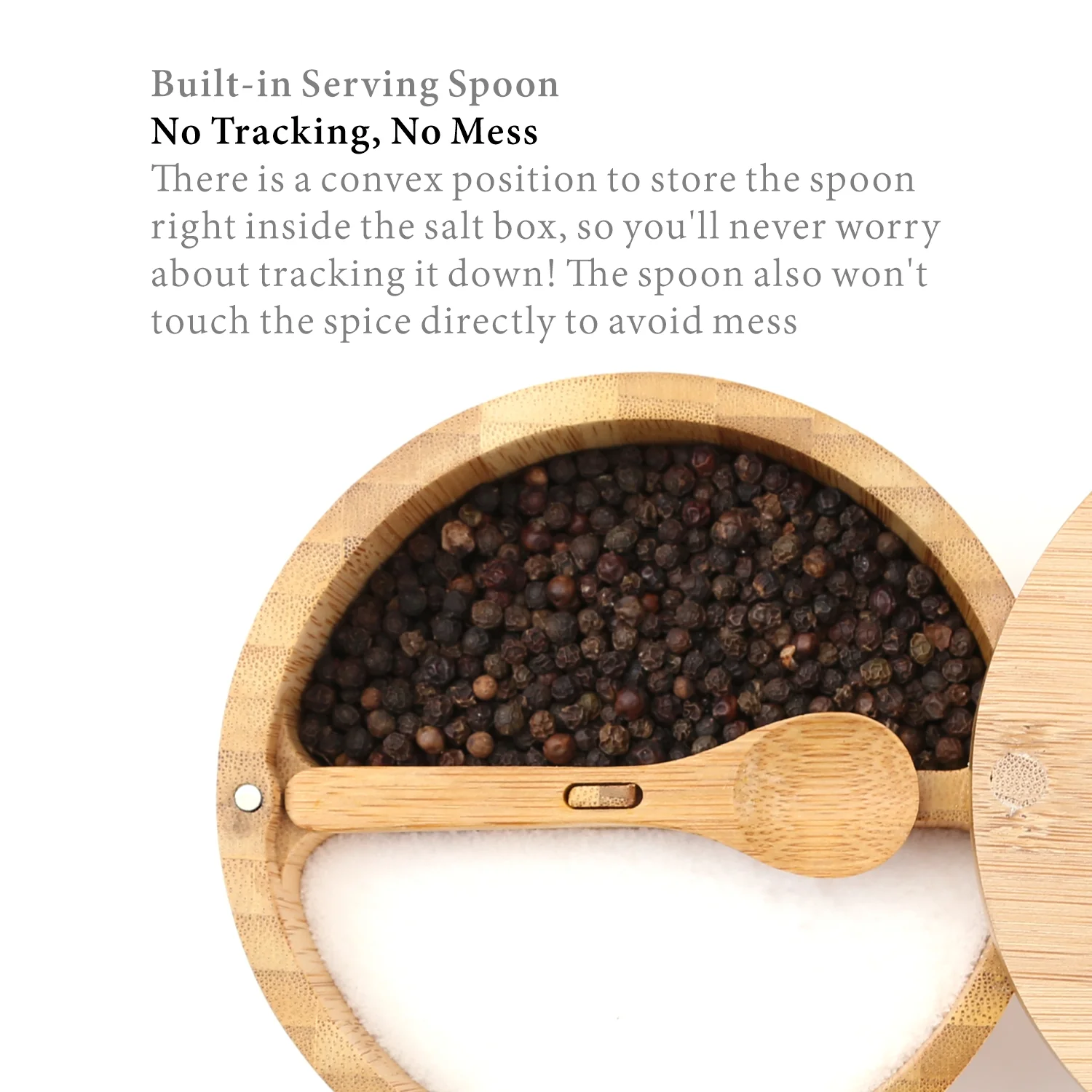 Built-in Serving Spoon Bamboo Salt And Pepper Box With Magnetic Swivel Lid