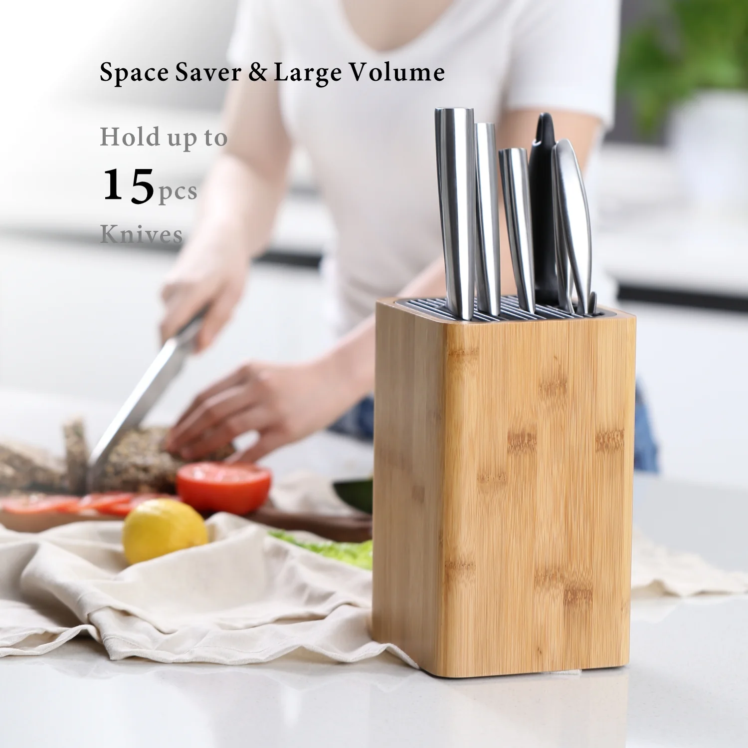 Deluxe Universal Knife Block With Slots Bamboo Knife Holder Basic