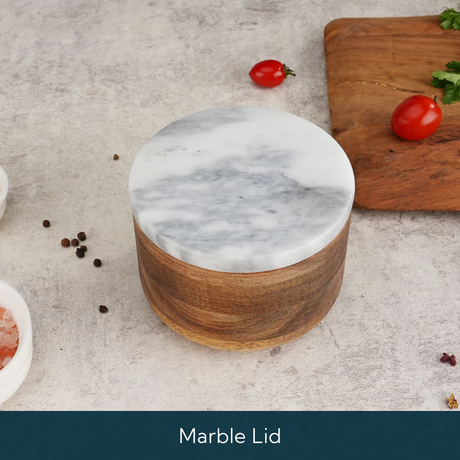 Acacia Wood Salt and Pepper Box Bowl Cellar with Grey Marble Lid and Built-in Spoon,Large Salt Cellar Container Storage Spice Herb Sea Bath Salt,Dual 5Oz Capacity
