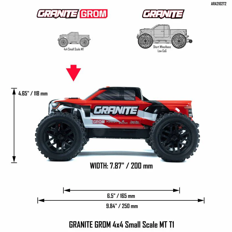 ARRMA 1/18 GRANITE GROM MEGA 380 Brushed 4X4 Monster Truck RTR with Battery & Charger - RED