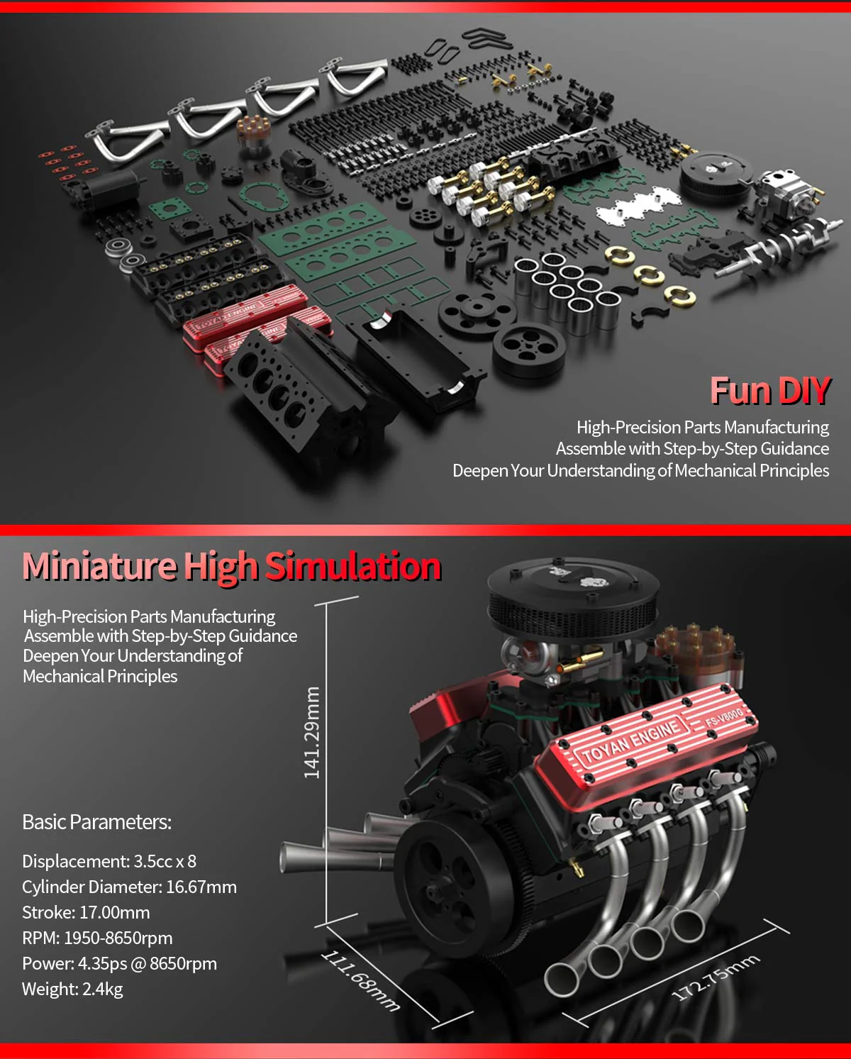 TOYAN V8 Engine FS-V800WGPC 28cc OHV Gasoline Engine - Build Your Own V8 Engine - V8 Engine Model Kit That Works