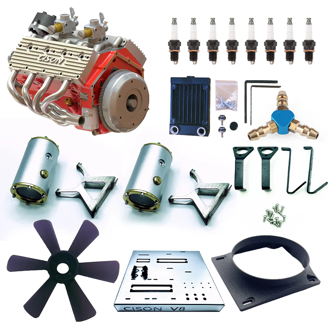 CISON V8 Engine Small-block 44CC 1/6 Scale Water-Cooled 4-Stroke 8-Cylinder Gasoline Engine Internal Combustion V8 Engine Model Kit that Works