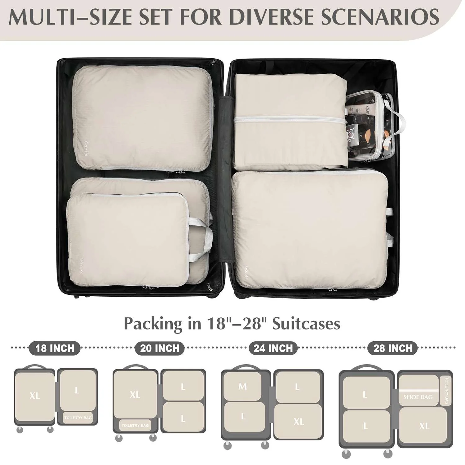 Compression Packing Cubes with Clear Toiletry Bag