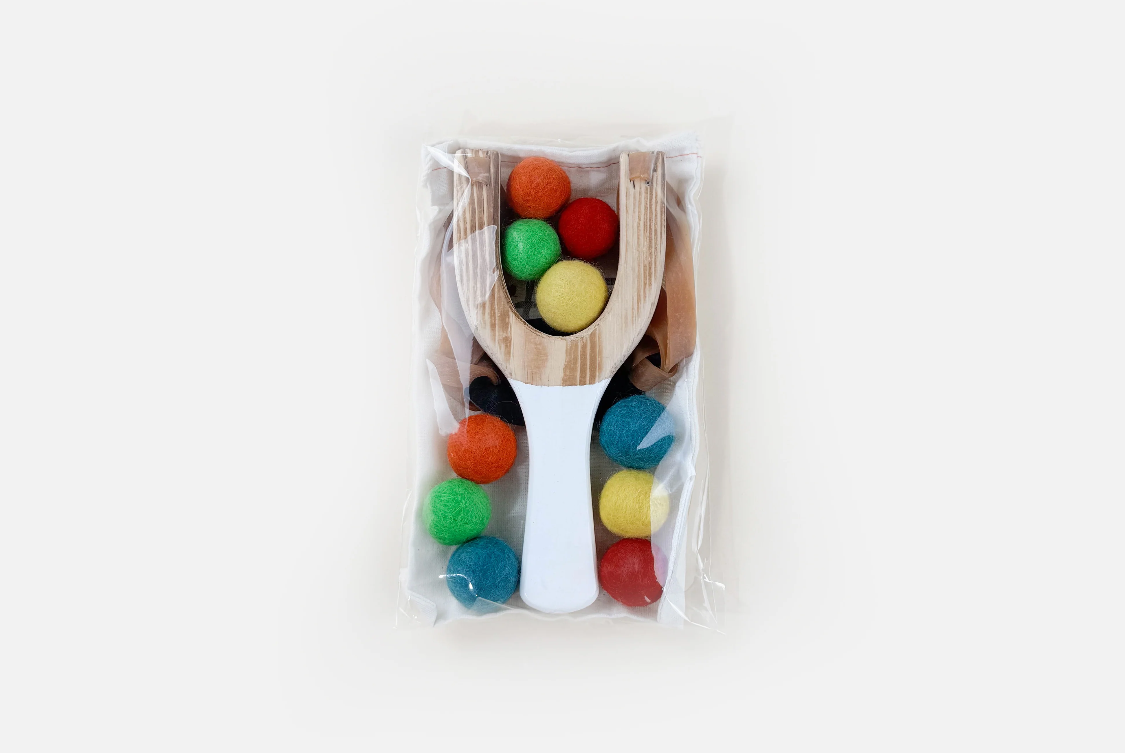 Classic Wooden Slingshot, Rainbow Felt Balls