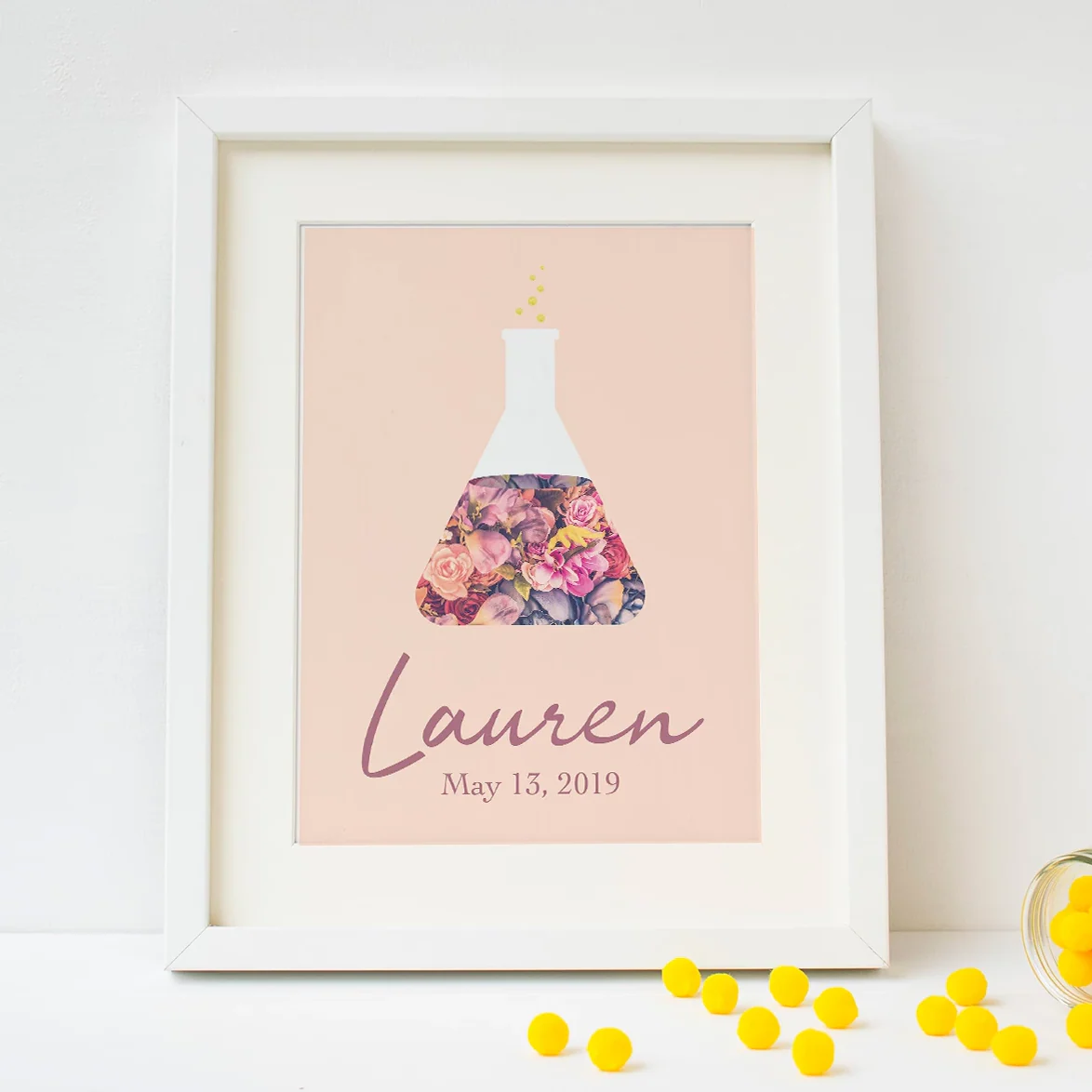 Personalized Blush Floral Beaker Art Print