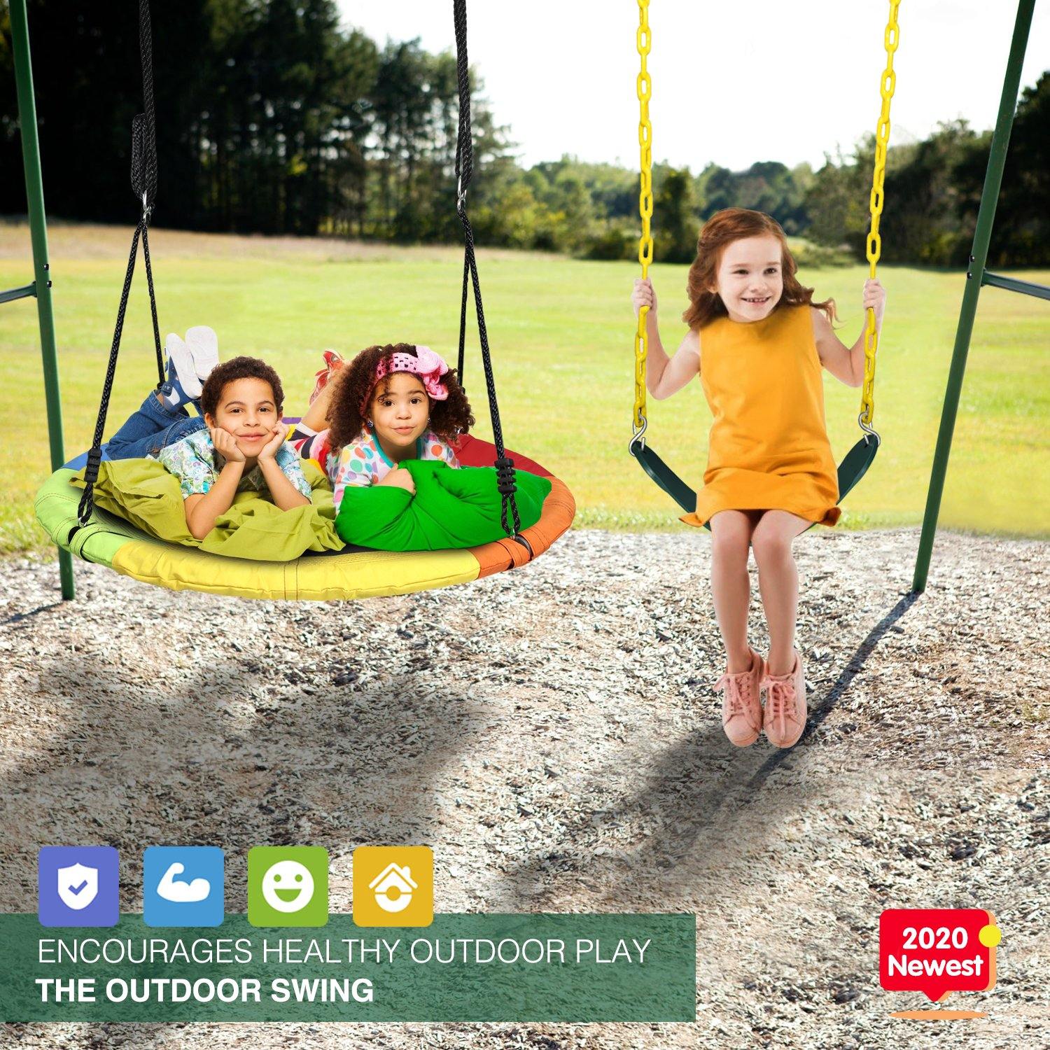 Heavy Duty Metal Swingset with 1 Saucer Tree Swing and 1 Belt Swing Outdoor Backyard