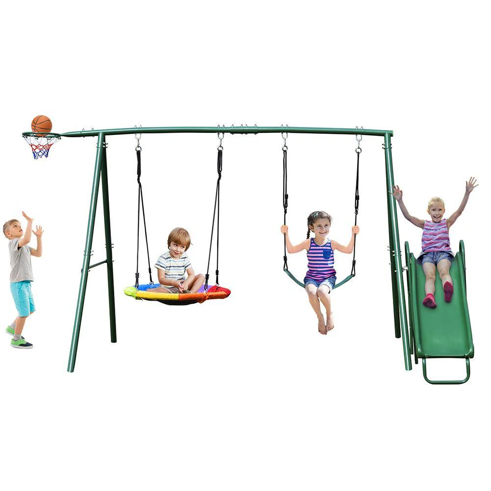 Metal Swing Set with Slide for Backyard Garden Park Complete Kids Playground