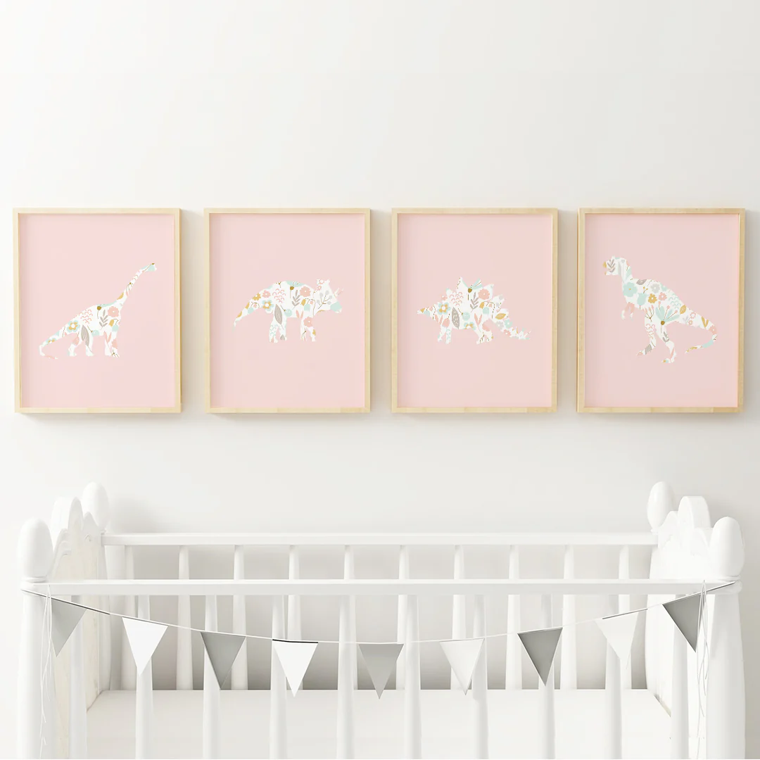 Pink Floral Dinosaur Art Prints (Set of 4)